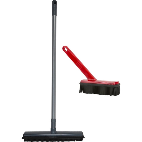 Bezem en borstel set - Rubber - Rood/Grijs - schoonmaakset -