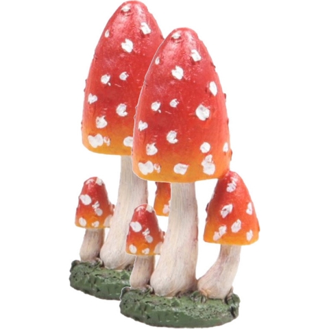 Decoratie huis/tuin beeldje paddenstoelen - 2x - hoge hoed - vliegenzwammen - rood/wit - 10 cm -