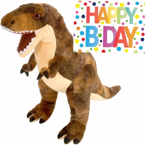Pluche knuffel Dino T-rex van 25 cm met A5-size Happy Birthday wenskaart -