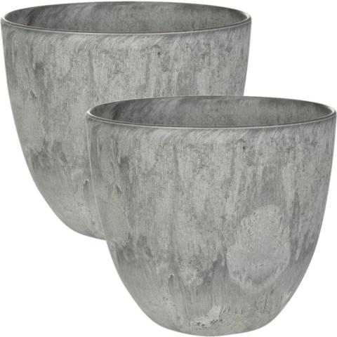 Bloempot - 2x - grijs - natuursteen look - D17 x H15 cm - voor binnen/buiten -