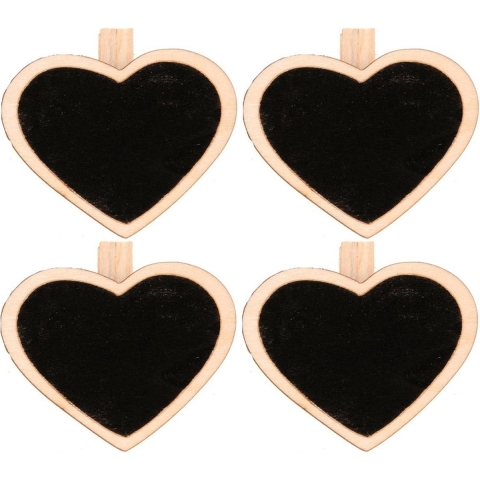 4x stuks Hartjes vorm mini krijtbordje/schrijfbordje op knijpertjes 5 cm -