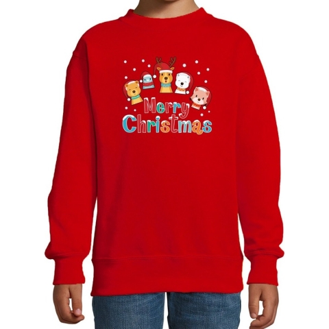 Foute kersttrui / sweater dieren Merry christmas rood kids 9-11 jaar (134/146) -