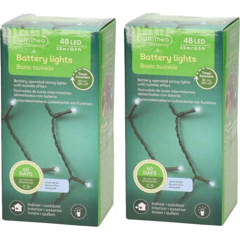 Lumineo kerstverlichting - 2x stuks - batterij - 48 led lampjes - helder wit - 400 cm -