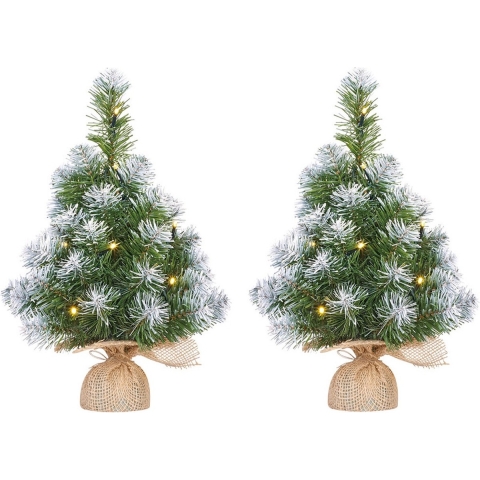 2x Mini kunst kerstboom met 10 LED lampjes en sneeuw 45 cm -