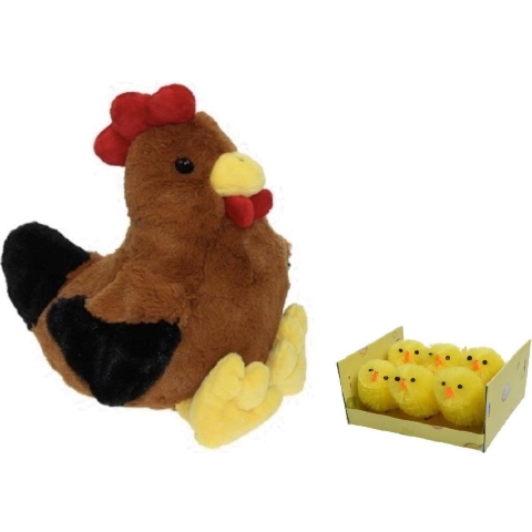 Pluche bruine kippen/hanen knuffel van 25 cm met 6x stuks mini kuikentjes 4 cm -