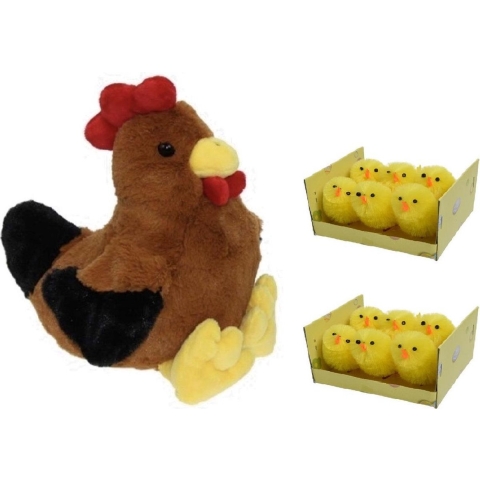 Pluche bruine kippen/hanen knuffel van 25 cm met 12x stuks mini kuikentjes 4 cm -
