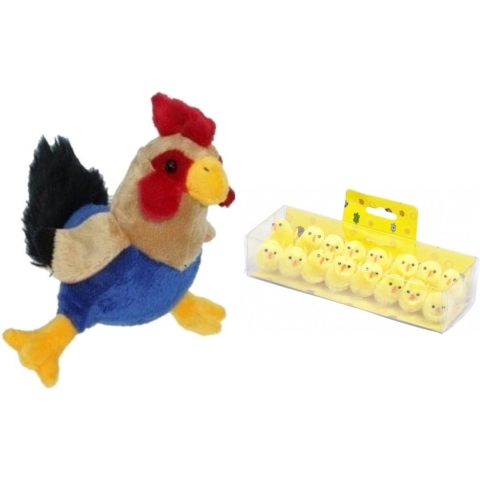 Pluche kippen/hanen knuffel van 20 cm met 16x stuks mini kuikentjes 3,5 cm -