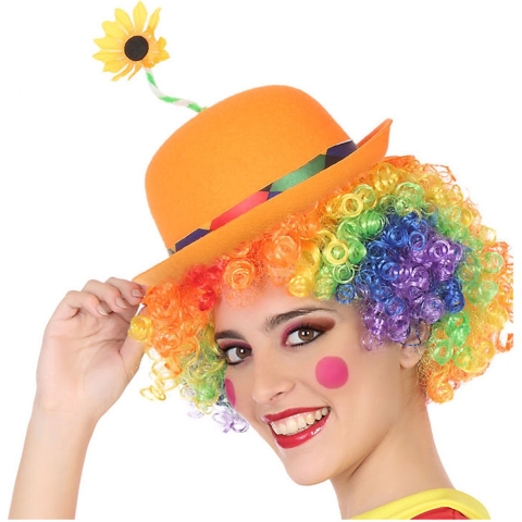 Clown verkleed set gekleurde pruik met bolhoed oranje met bloem -