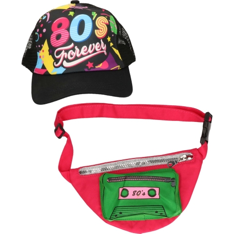 Foute 80s/90s party verkleed set - dames - pet en heuptasje - jaren 80/90 verkleed accessoires -