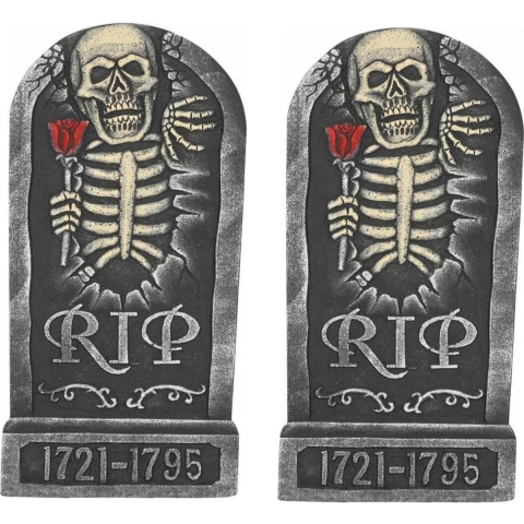Set van 2x stuks horror kerkhof decoratie grafsteen RIP skelet met roos 32 x 65 cm -