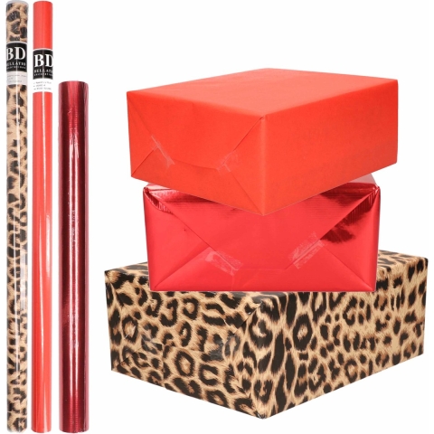 6x Rollen kraft inpakpapier pakket panter-dierenprint/metallic/rood 200 x 70/50 cm -