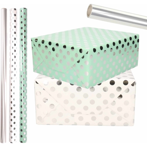 6x Rollen transparante/folie luxe inpakpapier zilveren stippen pakket - mintgroen/wit 200 x 70 cm -