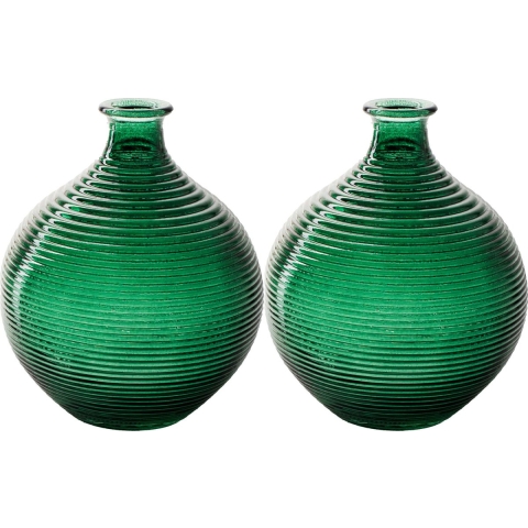 Bloemenvaas/flesvaas - 2x - groen - bolvorm met ribbel - D16 x H20 cm -