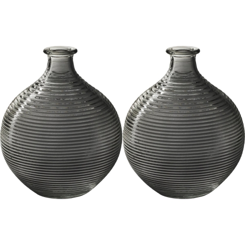 Bloemenvaas/flesvaas - 2x - smoke grijs - bolvorm met ribbel - D16 x H20 cm -