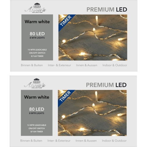 Set van 2x stuks kerstverlichting warm wit 80 lampjes 800 cm lichtsnoer met timer -