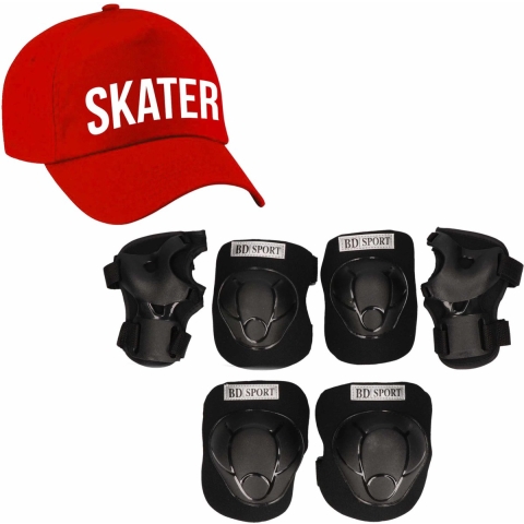 Set van valbescherming voor kinderen maat M / 6 tot 8 jaar met een stoere SKATER pet rood -