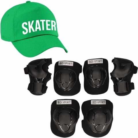 Set van valbescherming voor kinderen maat L / 9 tot 10 jaar met een stoere SKATER pet groen -