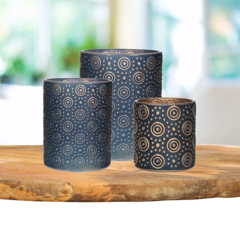 Theelichthouders set - 3x - nachtblauw/goud - glas - luxe kaarsenhouders -