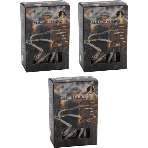 Set van 3x stuks kerstverlichting warm wit met vlam effect 20 lampjes 200 cm lichtsnoer met timer -