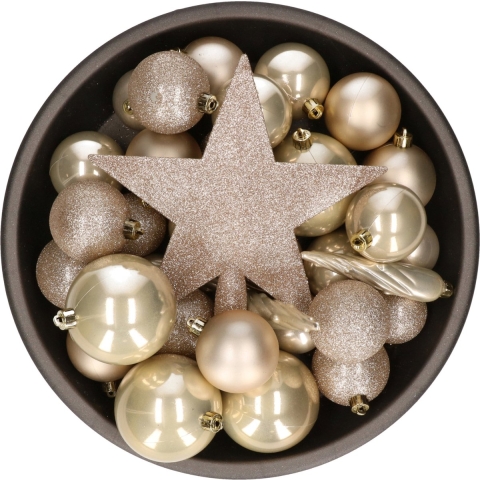 Set van 33x stuks kunststof kerstballen met ster piek parel/champagne mix -