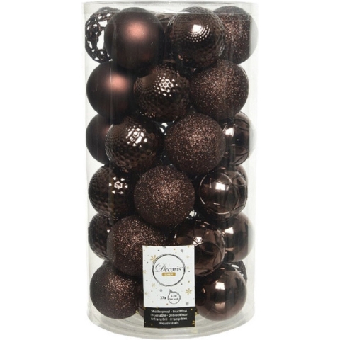 37x stuks kunststof kerstballen donkerbruin 6 cm inclusief kerstbalhaakjes -