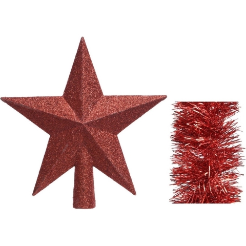 Kerstversiering kunststof glitter ster piek 19 cm en folieslingers pakket rood van 3x stuks -