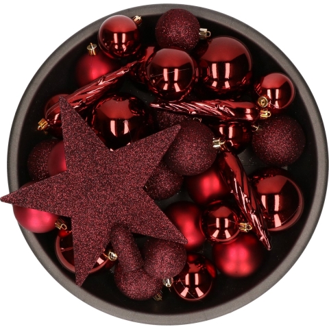 33x stuks kunststof kerstballen met ster piek rood 5-6-8 cm mix -