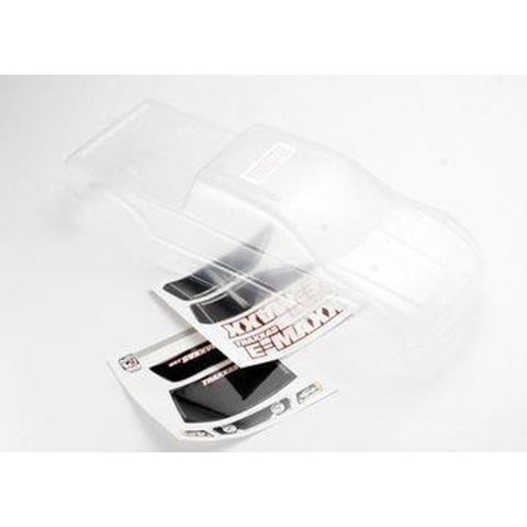 Body, E-Maxx (long wheelbase) (clear, requires painting)/ window, lights decal sheet