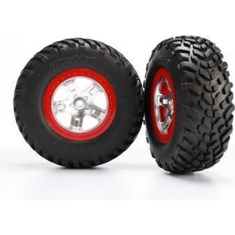 Tires & wheels, assembled, glued (sct satin chrome red beadlock wheels, ultra soft s1 compound off-road racing tires, inserts) (2) (2wd rear, 4wd f/r)