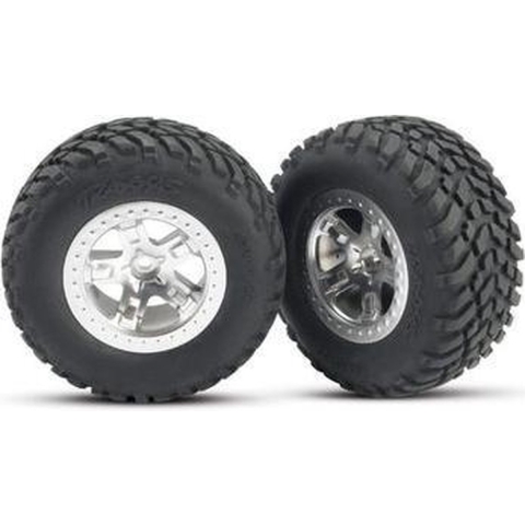 Tires & wheels, assembled, glued (sct satin chrome wheels, (dual profile 2.2" outer, 3.0" inner), sct off-road racing tires, foam inserts) (2) (front)