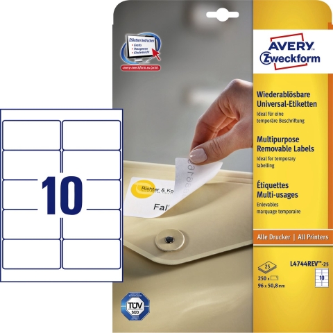 Avery-Zweckform L4744REV-25 Universele etiketten 96 x 50.8 mm Papier Wit 300 stuk(s) Weer verwijderbaar Inkjet, Laser (zwart/wit), Laser (kleur), Kopiëren