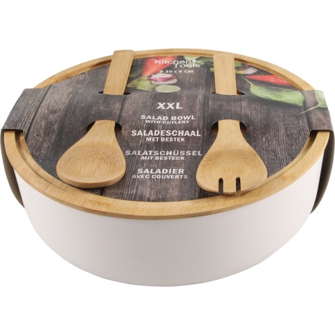 Secret de Gourmet Saladeschaal/kom - Met couvert - Bamboe - Wit - D30 cm -