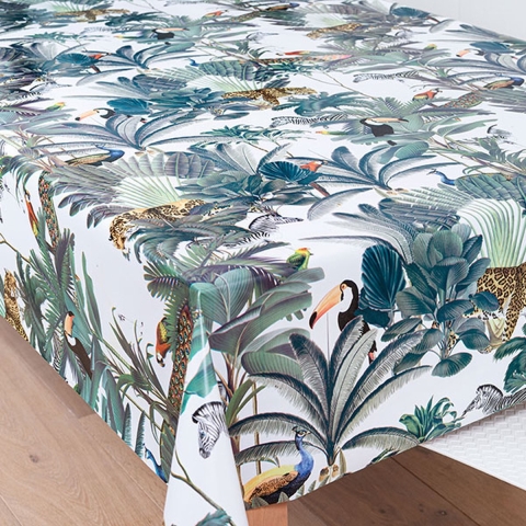 Bellatio design Tafelzeil - jungle print - bladeren en dieren - 140 x 250 cm - tafelkleed -
