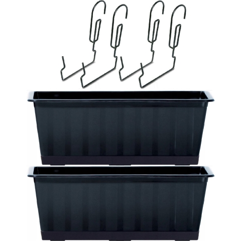 2x Kunststof Agro plantenbakken/bloembakken antraciet grijs 9 liter met ophangbeugels -