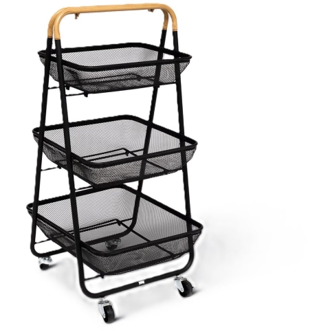 5Five Keuken/badkamer opberg trolley - 3 laags - zwart - 48 x 41 x 87 cm - mesh metaal -