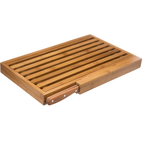 Brood snijplank - met kruimel opvangbak - 44 x 27 cm - bamboe hout - inclusief broodmes -