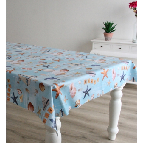 Tafelzeil/tafelkleed licht blauw met maritiem/strand print 140 x 300 cm -