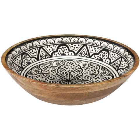 Salade serveer schaal - Fruitschaal/fruitmand - mango hout - D33 x H8 cm - bruin/print -