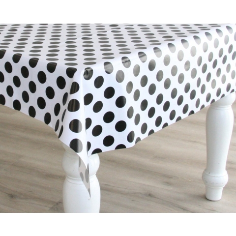 Tafelzeil/tafelkleed wit met grote zwarte stippen 140 x 250 cm -