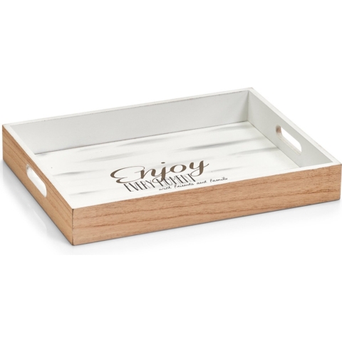 Dienblad - bruin/wit - 40 x 30 x 5,5 cm - hout - rechthoekig - serveerblad -