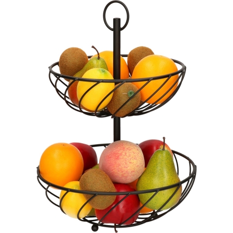 Dubbele etagere fruitschaal/fruitmand rond zwart metaal 27 x 39 cm -