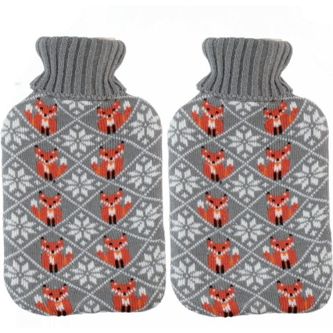 Warmwaterkruiken 2 liter met zachte gebreide vossen print hoes grijs 2x stuks -