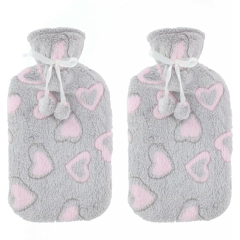 Warmwaterkruiken 2 liter met zachte fleece hoes lichtgrijs/hartjes 2x stuks -