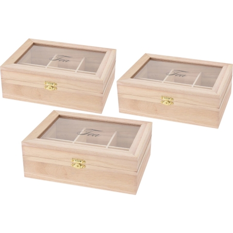 3x stuks houten theedoos 6-vaks 21 x 16 x 8 cm -