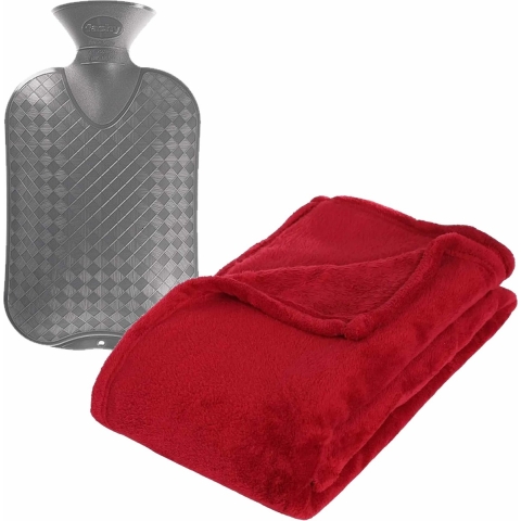 Fleece deken/plaid Rood 130 x 180 cm en een warmwater kruik 2 liter -