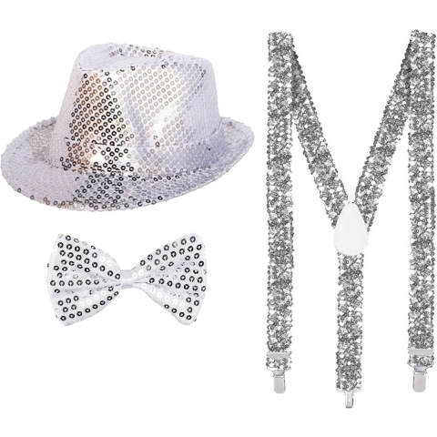 Carnaval verkleed set hoed-strikje-bretels zilver glitters -