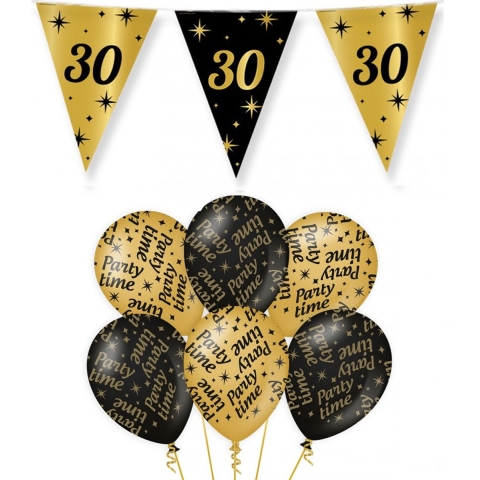 Verjaardag 30 jaar versiering pakket zwart/goud 30 en party-time -