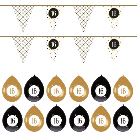 Leeftijd verjaardag 16 jaar geworden feestpakket vlaggetjes/ballonnen -