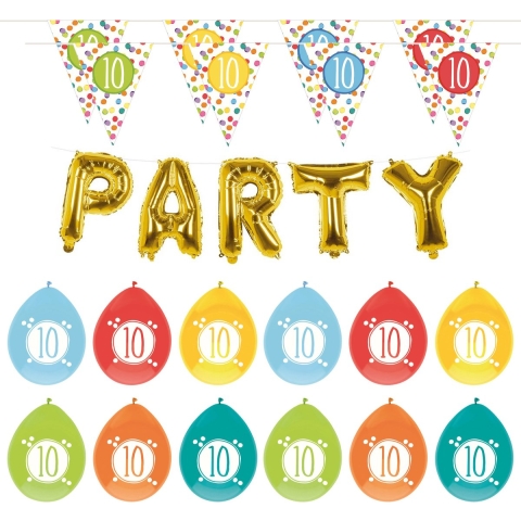 Leeftijd verjaardag 10 jaar geworden feestpakket vlaggetjes/ballonnen -
