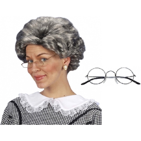 Oma Sarah carnaval verkleed set pruik en brilletje -